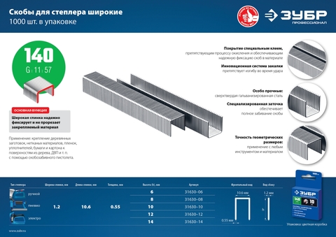 Скобы для степлера широкие 10мм тип 140 (1000шт) ЗУБР/31630-10_z01